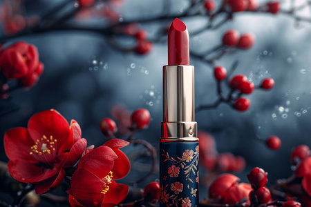 A luxurious red lipstick with a floral design surrounded by vibrant red blossoms.の素材
