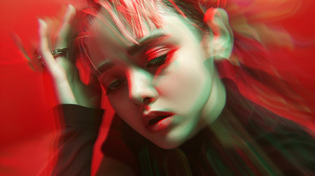 Striking portrait of a female model with vivid red makeup and lighting.の素材