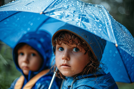 Two kids in blue raincoats under a blue umbrella with raindrops.の素材