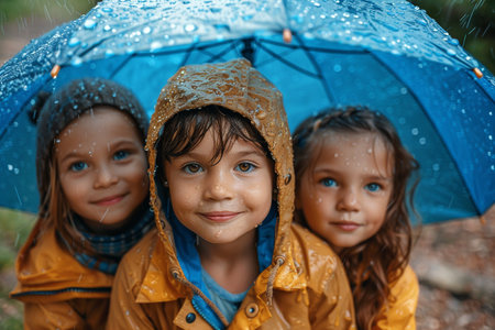 Three joyful kids sharing a blue umbrella in the rain, dressed in yellow raincoats.の素材