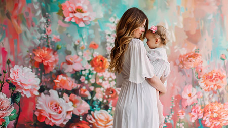 A tender moment as a mother embraces her child against a vibrant floral backdrop.の素材