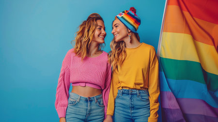 Two happy young women smiling beside a vibrant rainbow pride flag.の素材