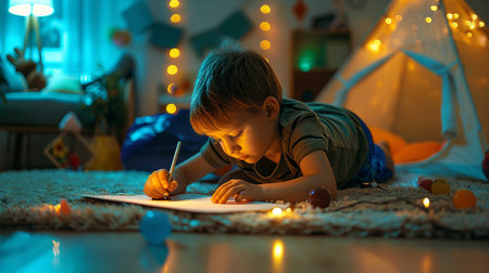 A young boy draws on paper, lying on a carpet with a warm, ambient light.の素材