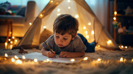 A young child is focused on drawing while lying on the floor inside a lit tent.の素材