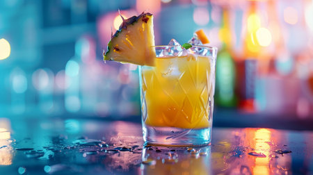 An exotic cocktail adorned with pineapple on a bar, vibrant blue backdrop.の素材