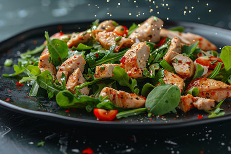 Savory grilled chicken salad with spinach, tomatoes, and herbs on a dark plateの素材