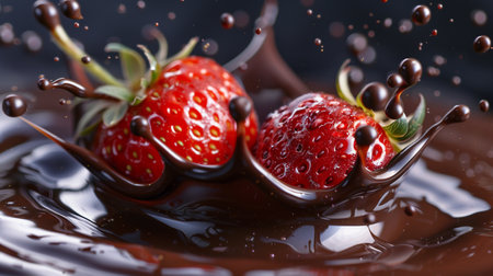 Two fresh strawberries dropping into rich, dark chocolate creating dynamic splashes.の素材