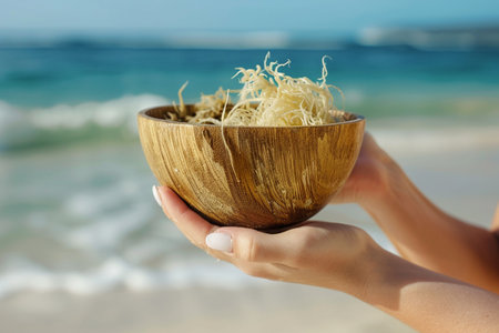 A person holding a wooden bowl with sprouts against a beach backdrop.の素材