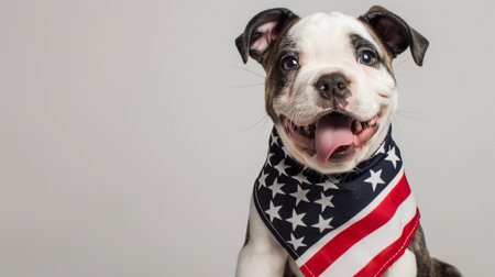 A joyful puppy with a stars and stripes bandana on a grey background.の素材