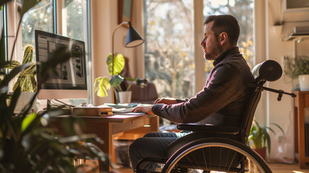 An individual in a wheelchair is concentrating on work at a cozy home office setup.の素材
