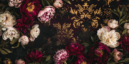 Elegant peonies and detailed gold ornamentation on dark background.の素材