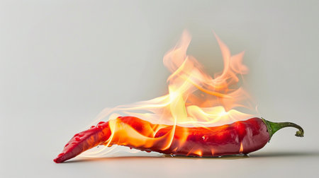 A red chili pepper engulfed in flames against a light background.の素材