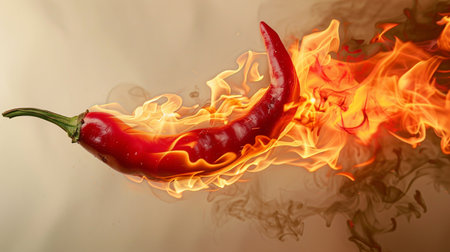 A vibrant red chili pepper engulfed in flames and smoke against a neutral background.の素材