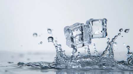 Two ice cubes falling into water creating a dynamic splash.の素材