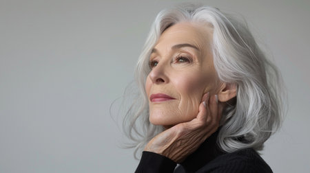 Graceful elderly woman with white hair and black attire posing thoughtfully.の素材