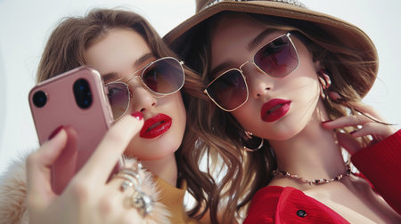 Two fashion-forward women in sunglasses and hats taking a selfie with a smartphone.の素材