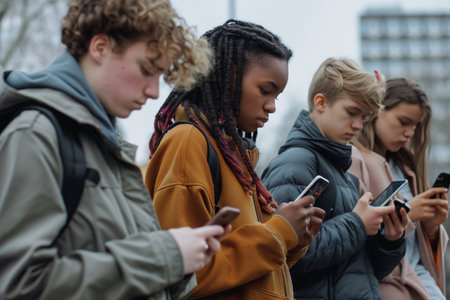 A group of teenagers intently using their smartphones, oblivious to their surroundings.の素材