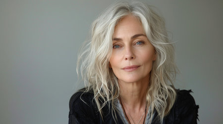 An elegant mature woman with long silver hair posing calmly.の素材