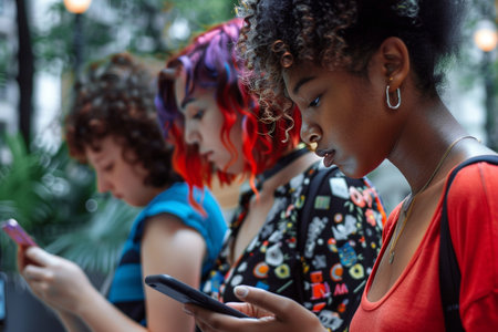 A group of friends with colorful hair focused on their phones, showcasing connectivity in modern society.の素材