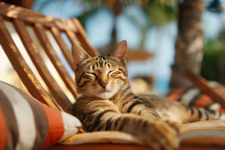 A contented tabby cat naps on a striped chair under palm trees.の素材