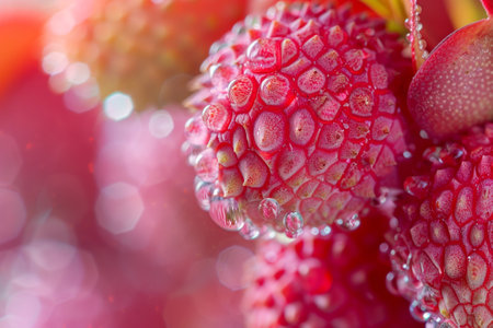 A vibrant macro shot of water droplets on fresh strawberries.の素材