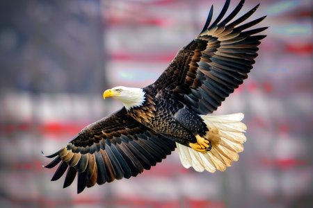 A striking bald eagle soars with wings spread against a blurred background.の素材