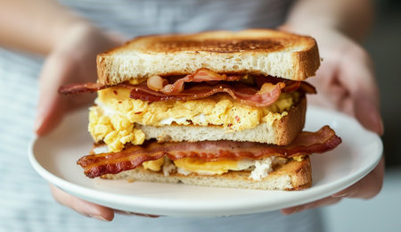 A person holding a toasted sandwich filled with bacon, eggs, and cheese.の素材