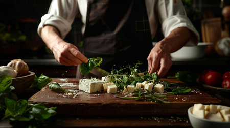 Close-up of chef's hands arranging basil on a cheese platter.の素材