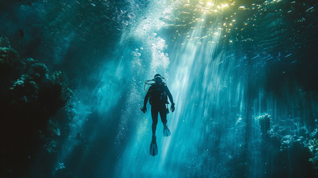 A diver explores undersea with sunbeams filtering through water.の素材