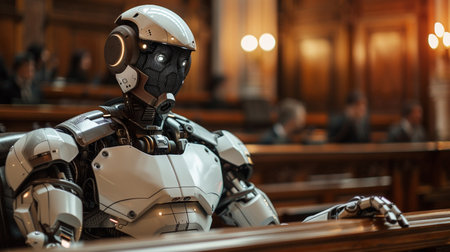 An advanced humanoid robot sits in a courtroom environment, symbolizing the intersection of technology and law.の素材