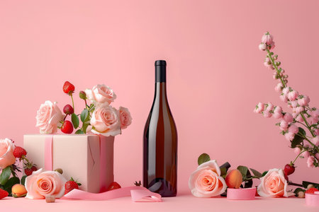 A composition of a wine bottle, gift box, and roses against a pink backdrop.の素材