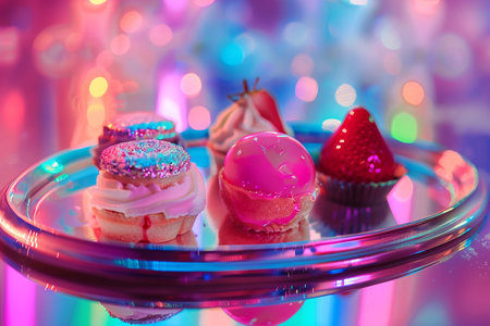 A colorful array of sweets on a plate with bokeh lights.の素材
