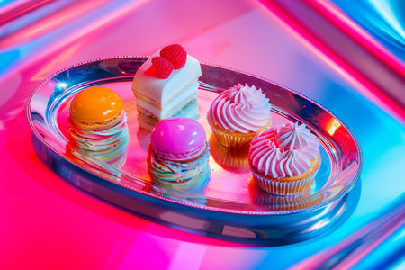 Colorful desserts on reflective tray with neon lighting.の素材