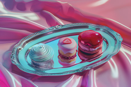 Vibrant pastries on reflective silverware amidst wavy pink fabric.の素材