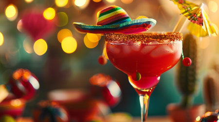 A vibrant margarita glass adorned with a festive sombrero, set against a bokeh light backdrop.の素材