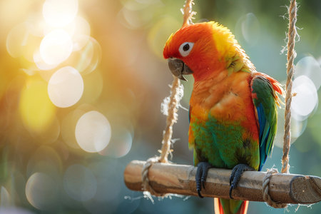 Vibrant parrot on a perch, with a warm bokeh background.の素材