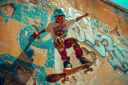 Skateboarder Performing a Trick Against Graffiti Wallの素材