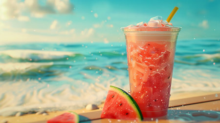 Tropical Watermelon Smoothie on Sunny Beachの素材