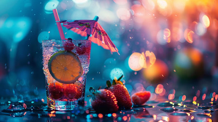 Vibrant Cocktail Nightlife Scene. A colorfully lit, refreshing cocktail adorned with an umbrella and fruit garnishの素材