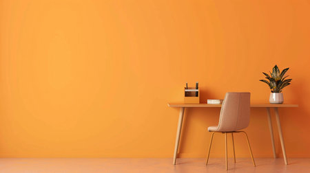 Minimalist Home Office Setup. A clean desk with chair against an orange wall, embodying a minimalist style.の素材