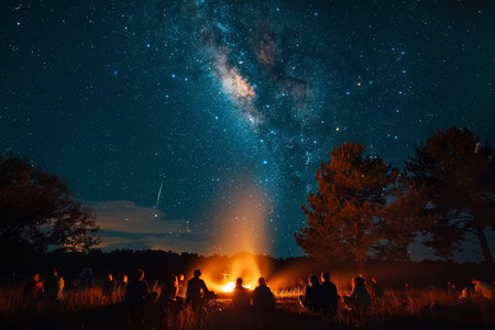 Stargazing by a Campfire. A group of people sits by a fire under a starry sky with Milky Way visible.の素材