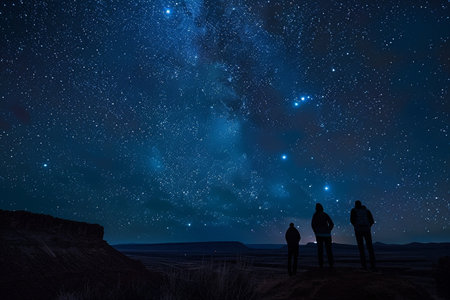 Stargazing Silence. Three silhouettes against a vivid starry sky atop a ridge at night.の素材