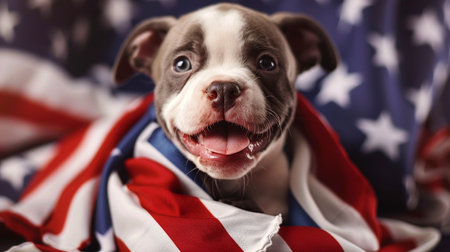 Patriotic Puppy Wrapped in American Flagの素材