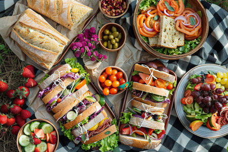 Picnic Spread with Fresh Sandwiches and Fruitsの素材
