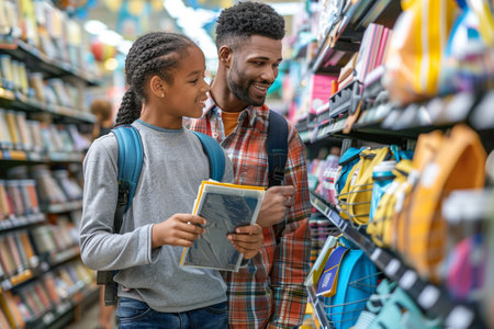 Back to School Shopping. Father and daughter choosing school supplies in a store aisle.の素材