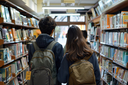 Students Browsing Books in a Libraryの素材