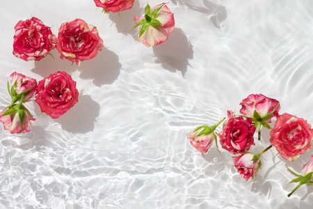 Spa, cosmetic background. Floating Pink Roses on Water Surfaceの写真素材