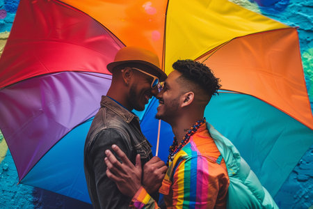 Joyful Couple Under Umbrella. Pride Parade Celebrationの素材