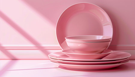 A stack of pink dinnerware including plates and bowls against a pink background with soft shadow lines.の素材