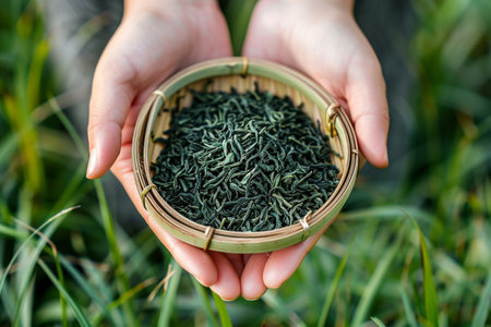 Hands holding fresh organic green tea leaves in a woven basket, surrounded by lush greenery.の素材